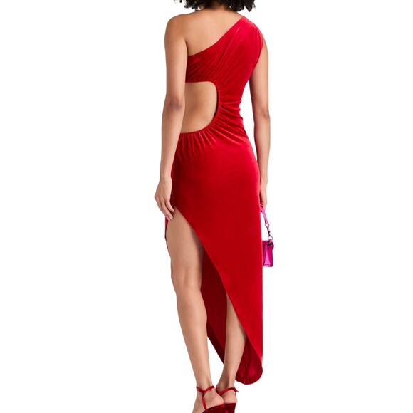 $235 Norma Kamali One-Shoulder Cutout Velvet Maxi Dress Red Tango Medium NWT - Picture 8 of 9